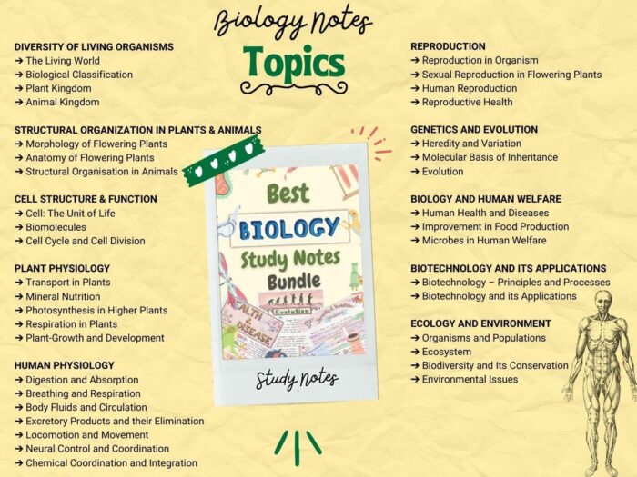 biology study notes bundle topics index with light yellow background