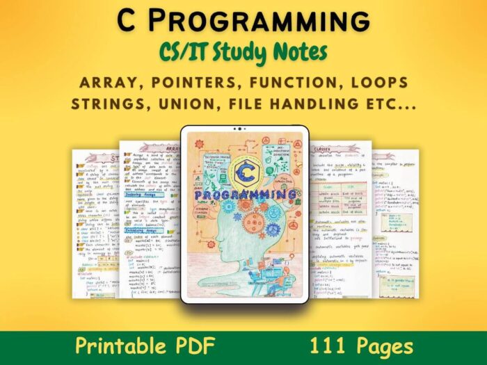 c programming language study notes topics index with yellow background