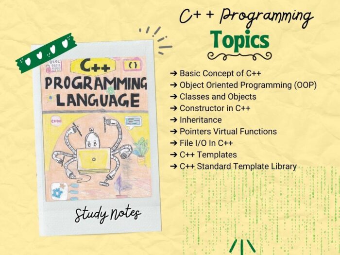 cpp programming language study notes bundle topics index with light yellow background
