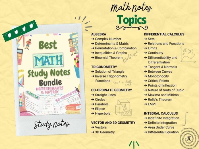 math mathematics study notes bundle topics index with light yellow background