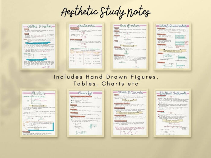 some aesthetic physics study notes pages showing horizontal with cream color background