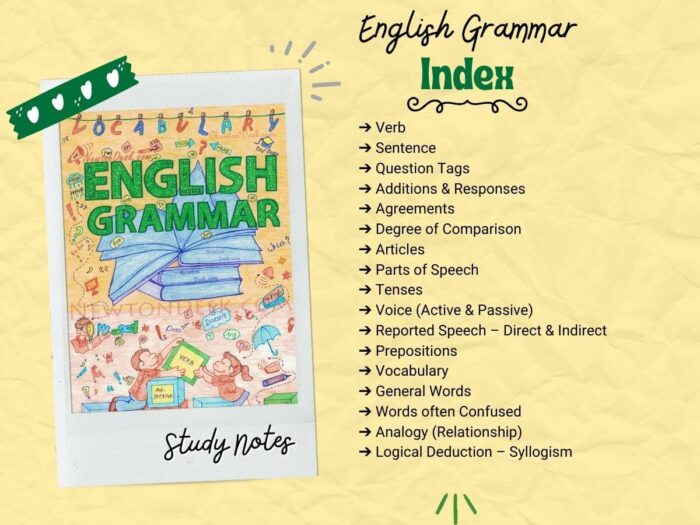 english grammar study notes topics index with light yellow background