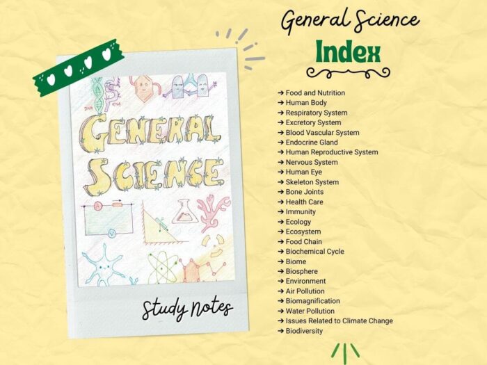 general science biology study notes topics index with light yellow background