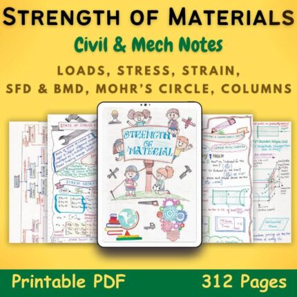strength of materials or mechanics of solids study notes for civil and mechanical engineering with yellow background