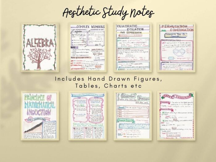 some aesthetic algebra study notes mathematics demo pages showing horizontally with light brown color background in photo frames